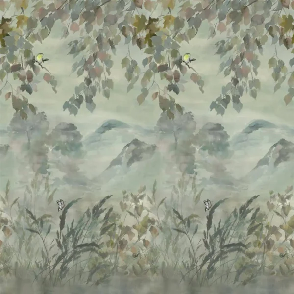 Miyako Scene 1 Wallpaper - Dove by black-grey botanical wallpaper from designers guild