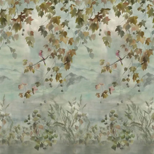 Miyako Scene 2 Wallpaper - Dove by black-grey botanical wallpaper from designers guild