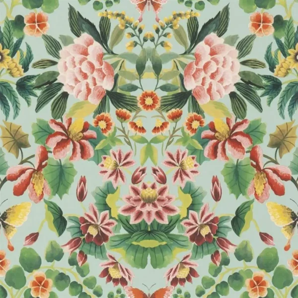 Ikebana Damask Wallpaper - Aqua by multicolour botanical wallpaper from designers guild