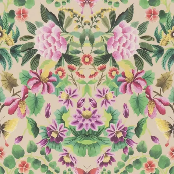 Ikebana Damask Wallpaper - Fuchsia by multicolour botanical wallpaper from designers guild