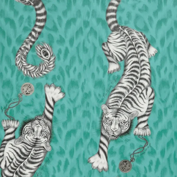 Tigris Wallpaper - Teal by black-grey animal wallpaper from emma shipley