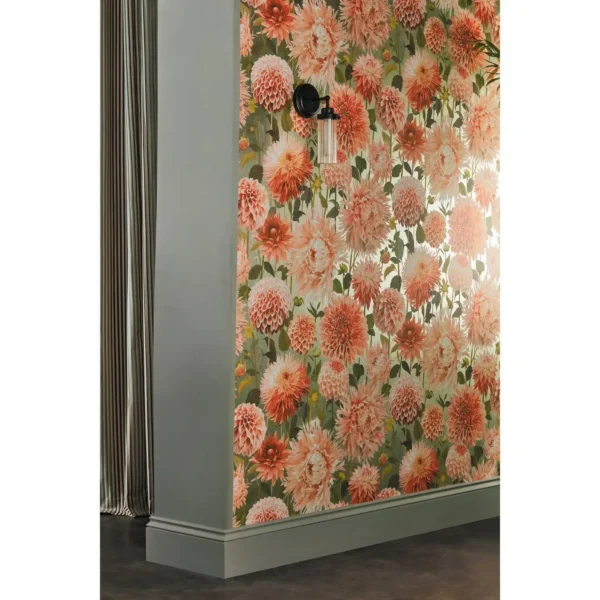 Dahlia Wallpaper - Coral / Fig Leaf / Gilver by Dahlia Wallpaper - Coral / Fig Leaf / Gilver from