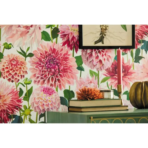 Dahlia Wallpaper - Coral / Fig Leaf / Gilver by Dahlia Wallpaper - Coral / Fig Leaf / Gilver from