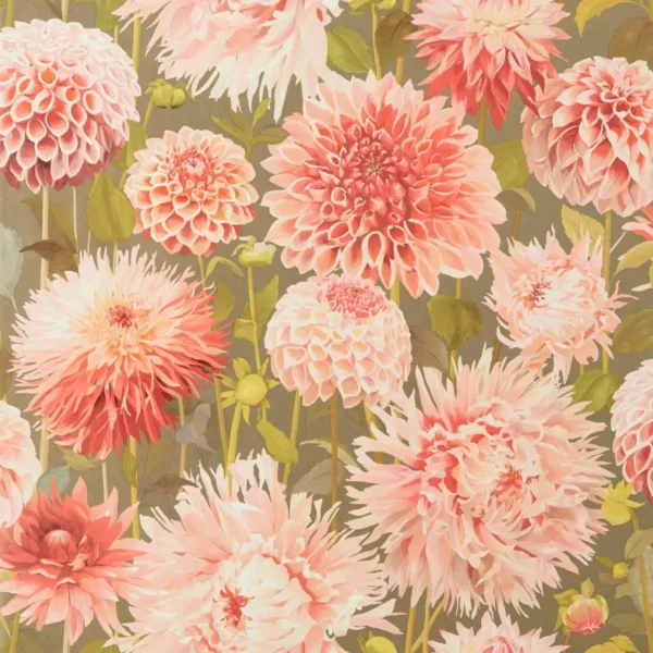 Dahlia Wallpaper - Coral / Fig Leaf / Gilver by pink botanical wallpaper from harlequin