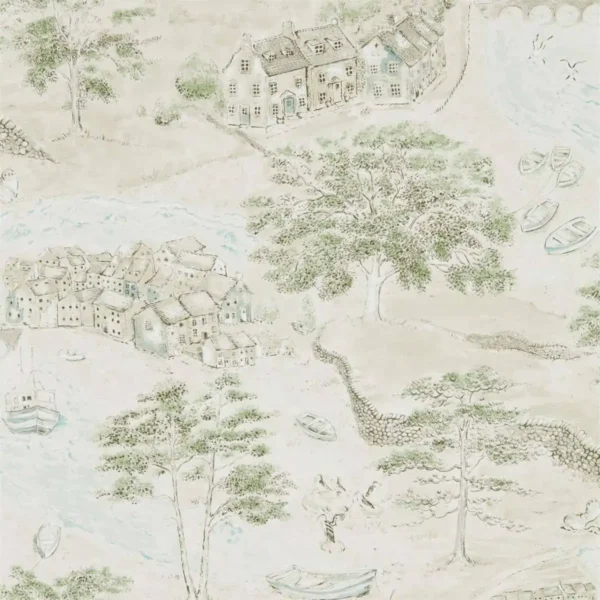 Sea Houses Wallpaper - Green / Sand by green botanical wallpaper from sanderson