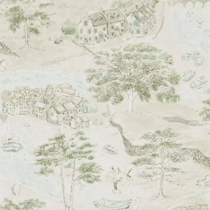 Sea Houses Wallpaper - Green / Sand fabric swatch DEBB216490