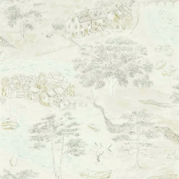 Sea Houses Wallpaper - Chalk / Silver fabric swatch DEBB216491