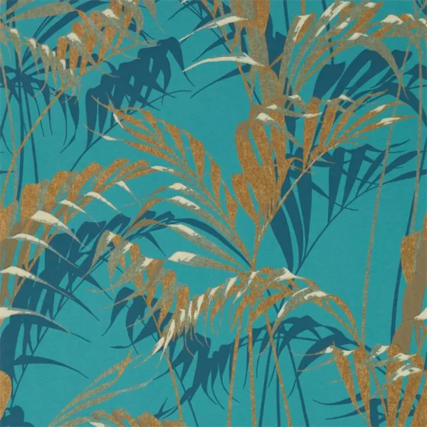 Palm House Wallpaper - Teal / Gold by blue botanical wallpaper from sanderson
