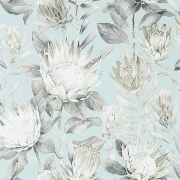 King Protea Wallpaper - Aqua / Linen by black-grey botanical wallpaper from sanderson