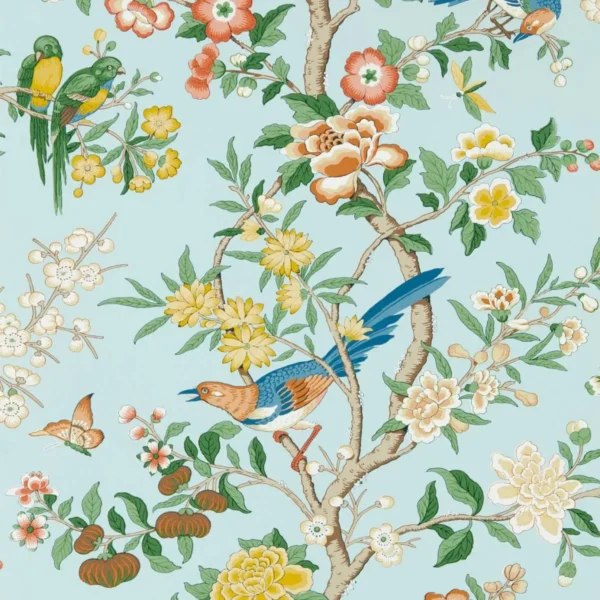Chinoiserie Hall Wallpaper - Dawn Blue / Persimmon by blue animal wallpaper from sanderson