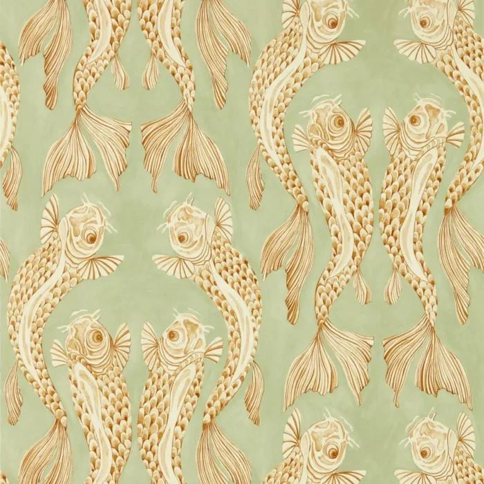 Voyaging Koi Wallpaper - Oriental Green / Honey swatch
