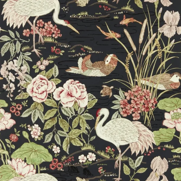 Crane & Frog Wallpaper - Ink Black / Multi by black-grey animal wallpaper from sanderson