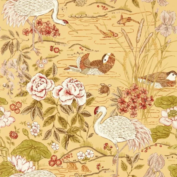 Crane & Frog Wallpaper - Honey / Olive by multicolour animal wallpaper from sanderson