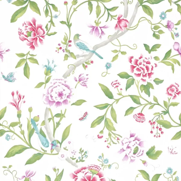 Porcelain Garden Wallpaper - Magenta / Leaf Green by multicolour animal wallpaper from sanderson