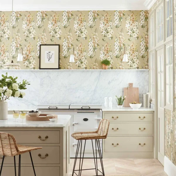 Hollyhocks Wallpaper - Fire Pink / Bright Blue by Hollyhocks Wallpaper - Fire Pink / Bright Blue from