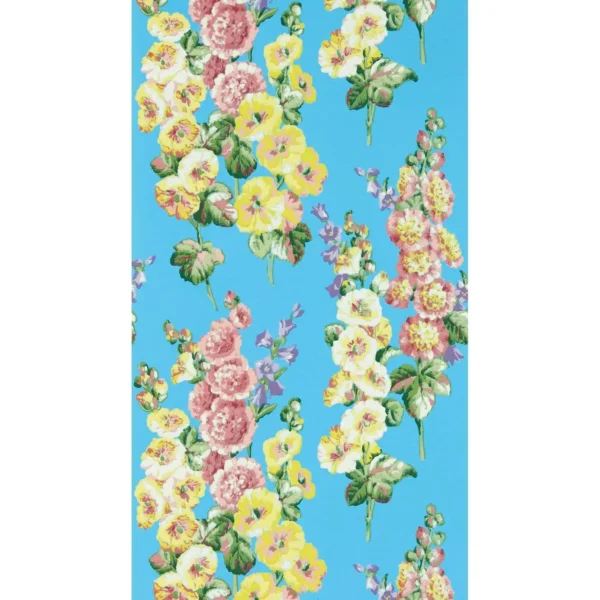 Hollyhocks Wallpaper - Fire Pink / Bright Blue by blue botanical wallpaper from sanderson