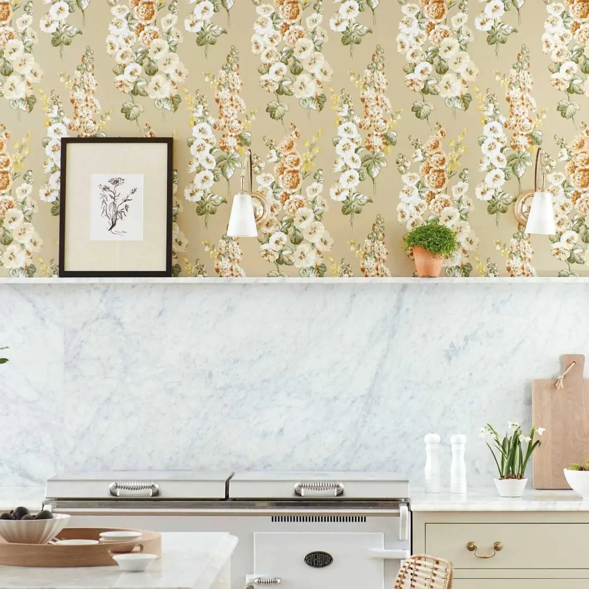 Hollyhocks Wallpaper - Gold Metallic / Tan by Hollyhocks Wallpaper - Gold Metallic / Tan from