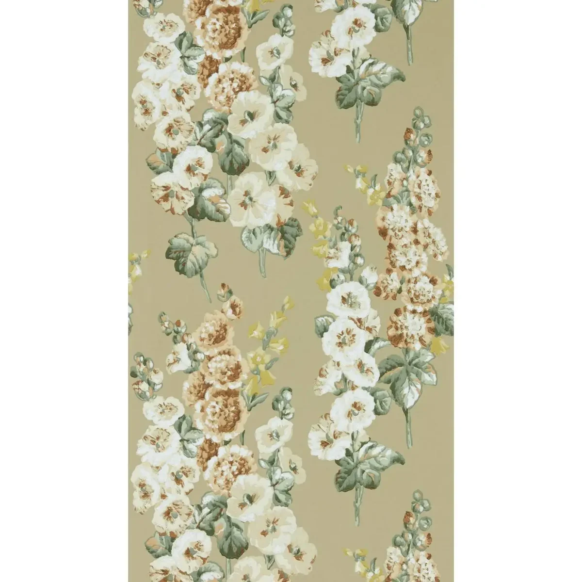 Hollyhocks Wallpaper - Gold Metallic / Tan by green botanical wallpaper from sanderson