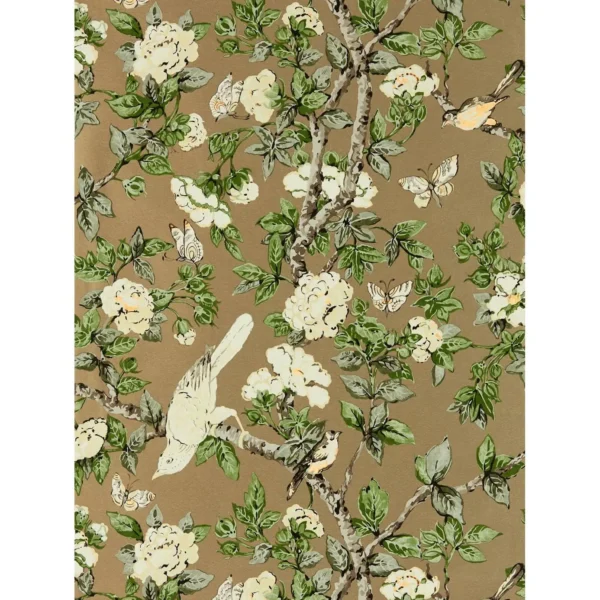 Caverley Wallpaper - Gold Metallic / Gardenia Green by green animal wallpaper from sanderson