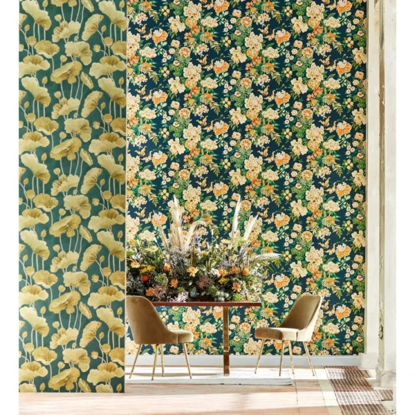 Emperor Peony Wallpaper - Midnight / Apricot from
