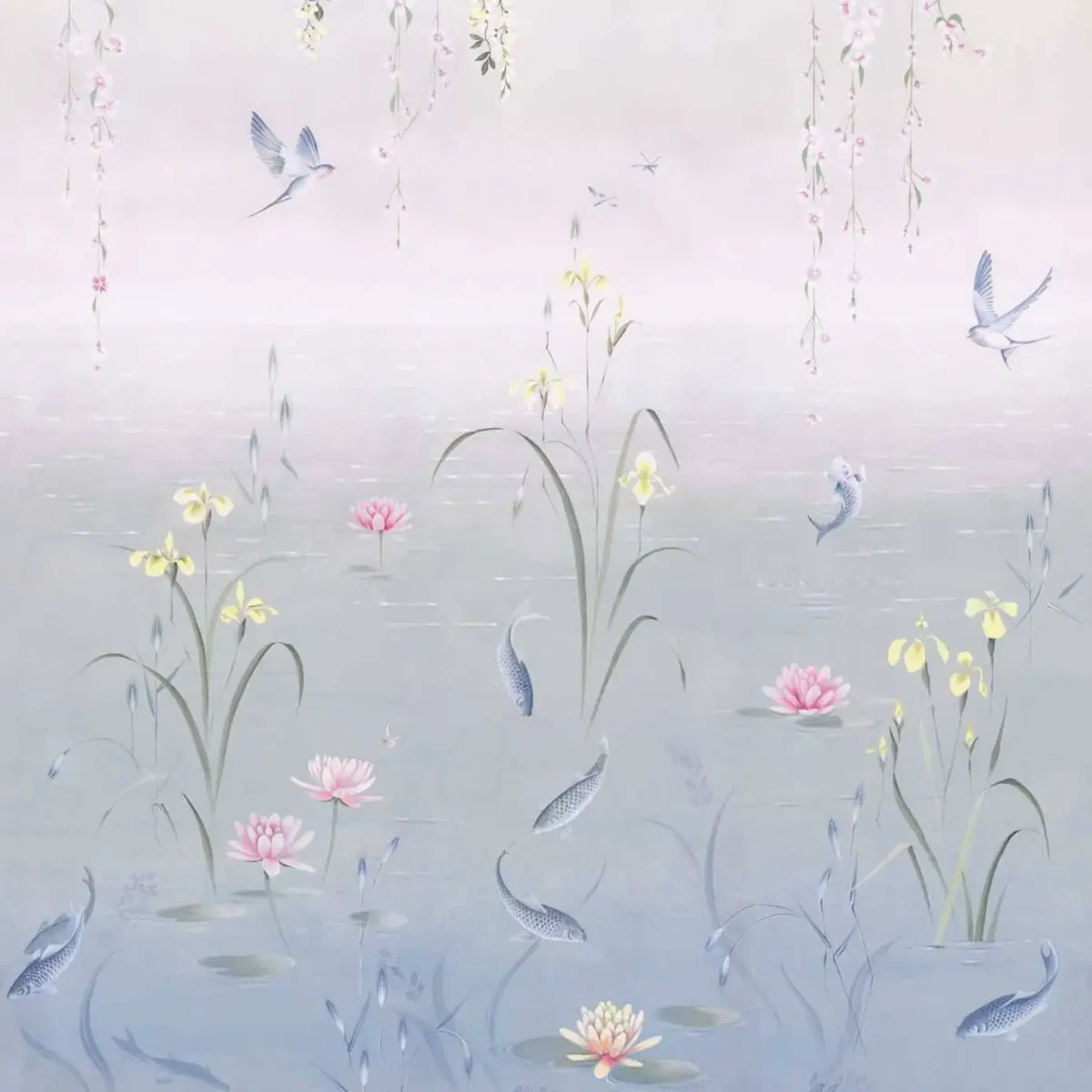 Water Garden Wallpanel - Soft Jade / Pink Blossom by blue botanical wallpaper from sanderson