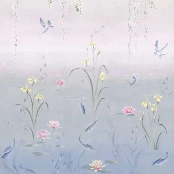 Water Garden Wallpanel - Soft Jade / Pink Blossom by blue botanical wallpaper from sanderson