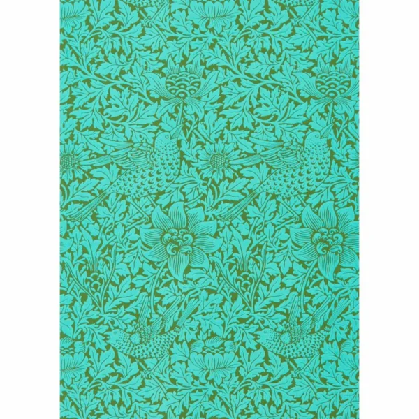 Bird & Anemone Wallpaper - Olive / Turquoise by green animal wallpaper from william morris & co