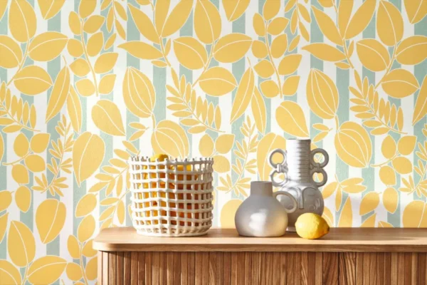Ramatuelle Wallpaper - Jaune Citron / Bleu Ciel by yellow botanical wallpaper
