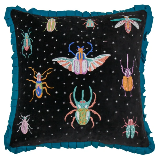 Darkling Beetles Embroidered Velvet 50Cm Cushion - Teal / Black from