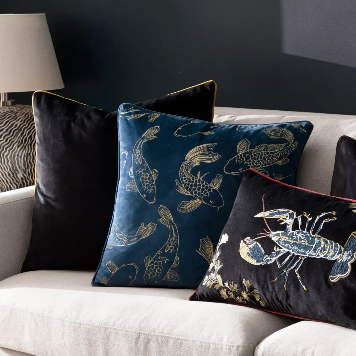 Koi Pond Embroidery Velvet 50cm Cushion Navy from