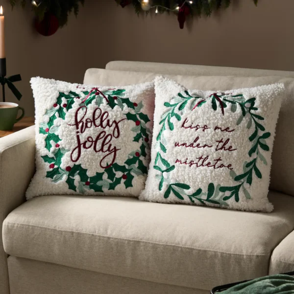 Mistletoe Wreath Embroidered 45cm Cushion - Multi by Mistletoe Wreath Embroidered 45cm Cushion - Multi from