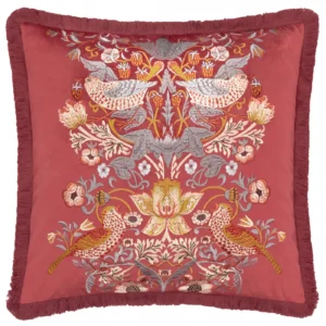 Strawberry Thief Embroidery Velvet 50cm Cushion - Berry