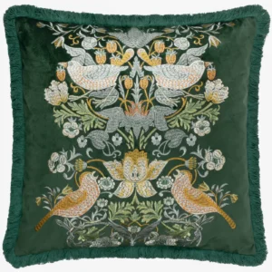 Strawberry Thief Embroidery Velvet 50cm Cushion - Forest