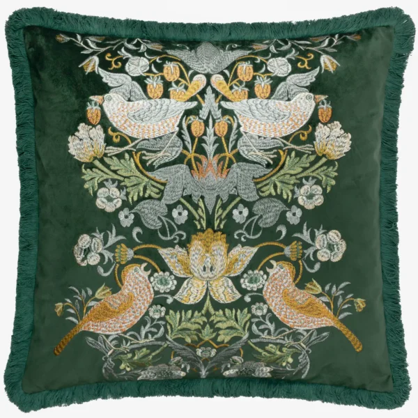Strawberry Thief Embroidery Velvet 50cm Cushion - Forest by Strawberry Thief Embroidery Velvet 50cm Cushion - Forest from