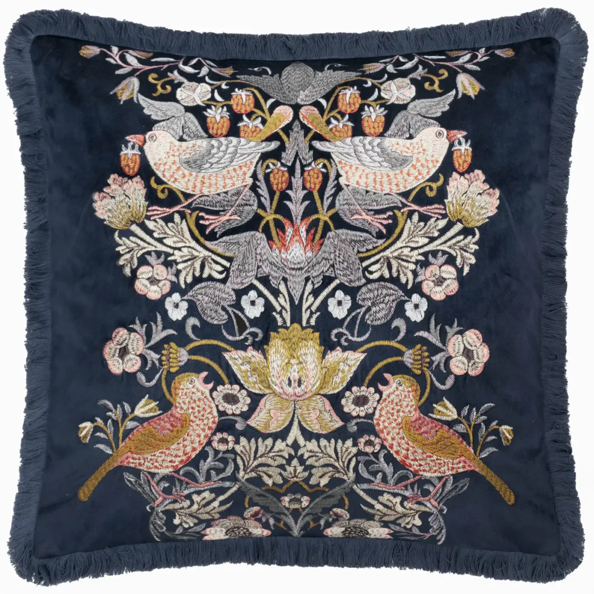 Strawberry Thief Embroidery Velvet 50cm Cushion - Indigo from