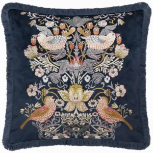 Strawberry Thief Embroidery Velvet 50cm Cushion - Indigo