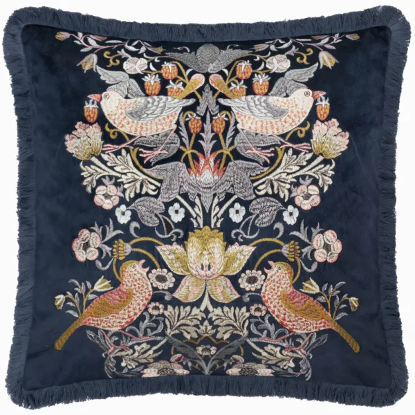 Strawberry Thief Embroidery Velvet 50cm Cushion - Indigo by Strawberry Thief Embroidery Velvet 50cm Cushion - Indigo from