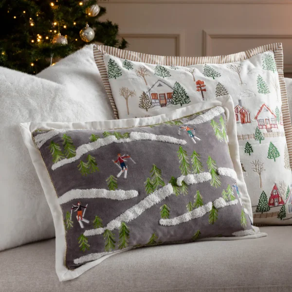 Winter Ski Lodges Embroidered 50cm Cushion - White from