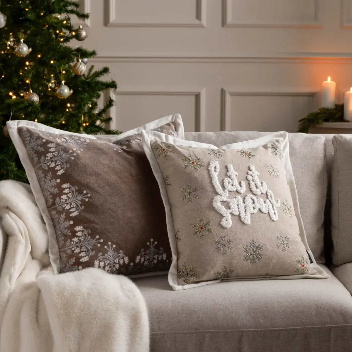 Winter Bloom Embroidered 50cm Cushion - Taupe from