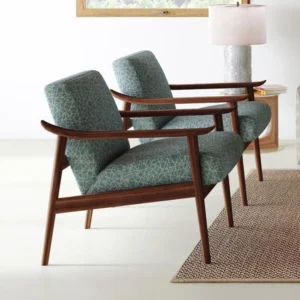 TWO BLUE WEB DESIGN CHAIRS WITH WOODEN ARM RESTS