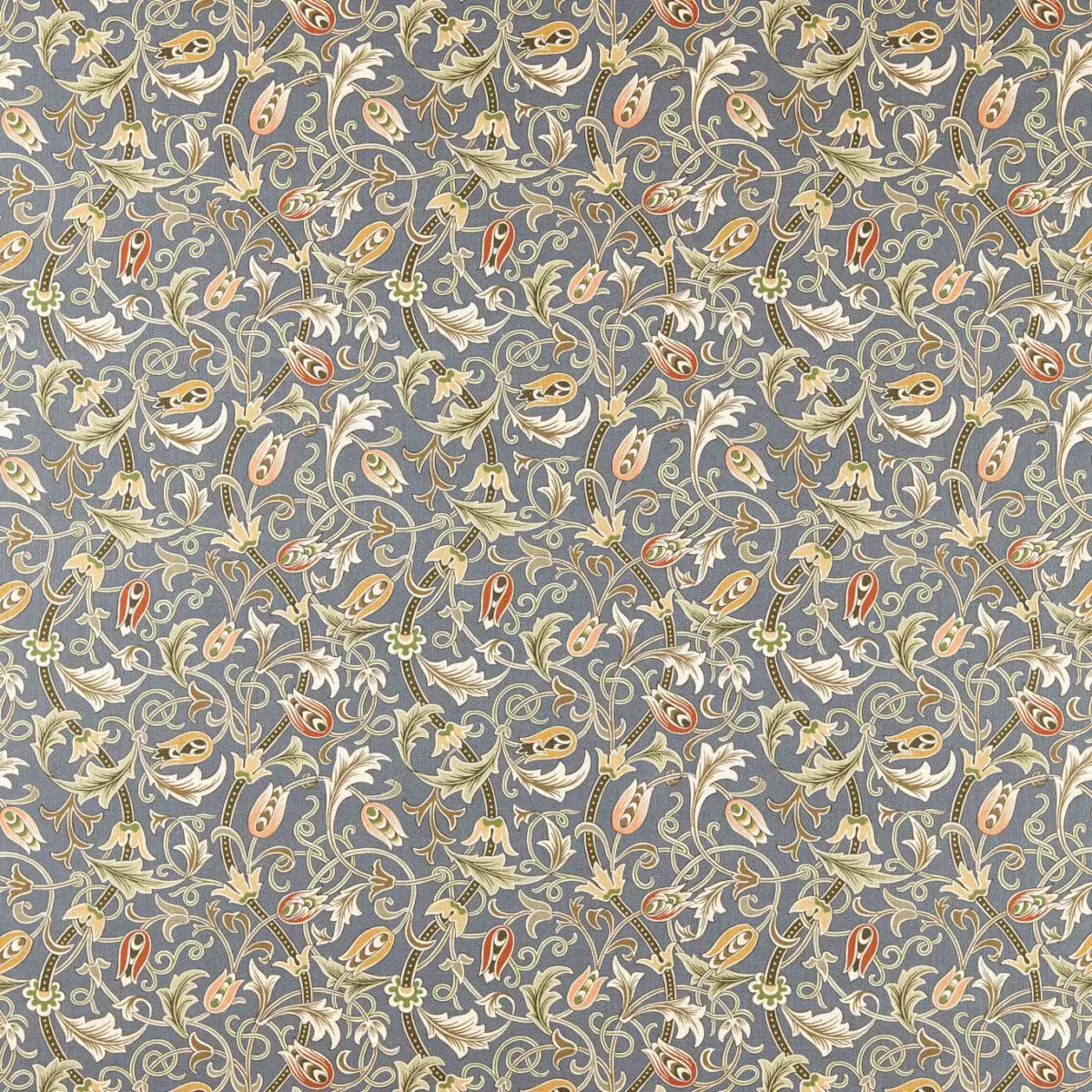 Scrolling Tulip Fabric - Slate / Apricot by multicolour botanical cotton fabric from William Morris & Co