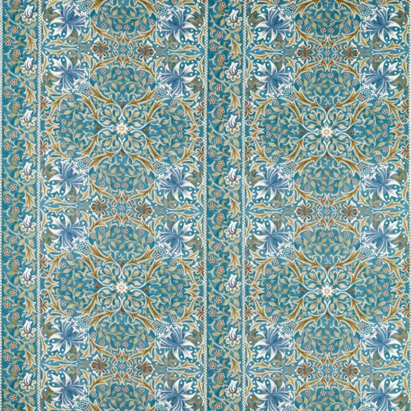 Walthamstow Fabric - Teal / Ochre by blue botanical printed fabric from William Morris & Co