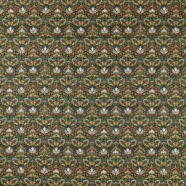 Meda Iris Fabric - Forest / Russet by green botanical linen fabric from William Morris & Co