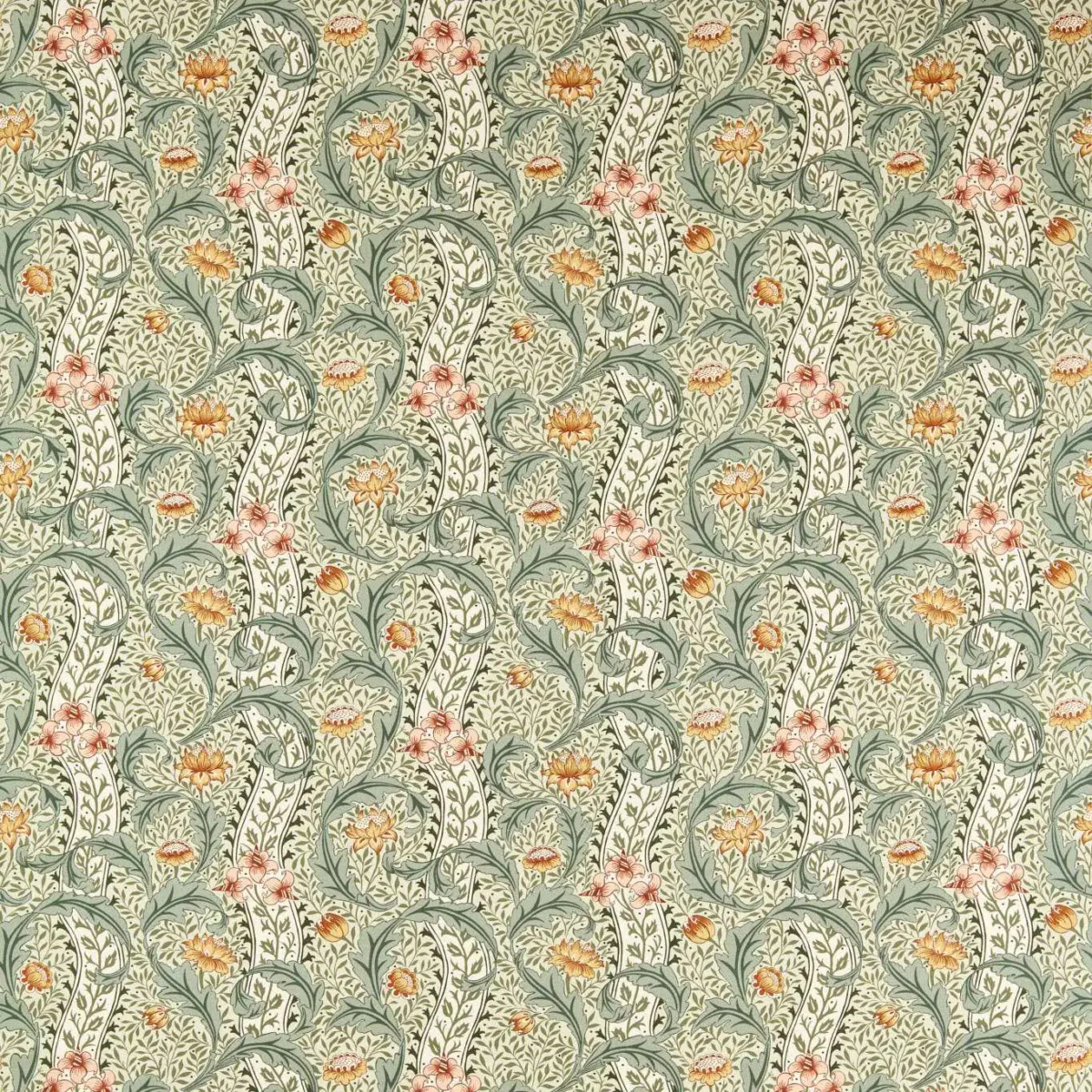 Wild Tulip & Vine Fabric - Beayleaf / Ochre by green botanical linen fabric from William Morris & Co