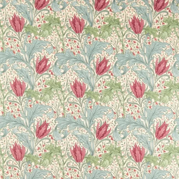 Lent Lily Fabric - Plum / Bayleaf by red botanical linen fabric from William Morris & Co