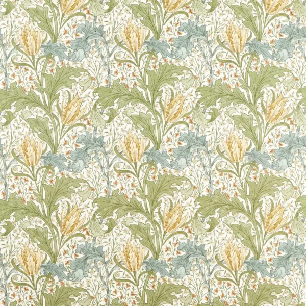 Lent Lily Fabric - Lemon Balm by green botanical linen fabric from William Morris & Co