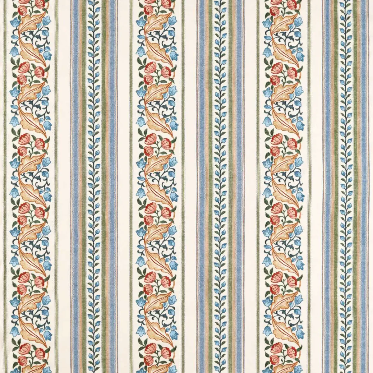 Bluebell & Peony Embroidery Fabric - Rose / Woad by pink botanical embroideried fabric from William Morris & Co