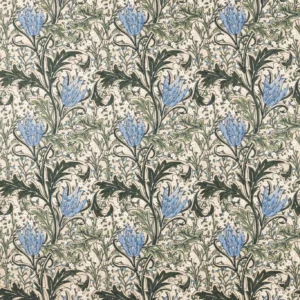 blue botanical embroideried fabric from William Morris & Co