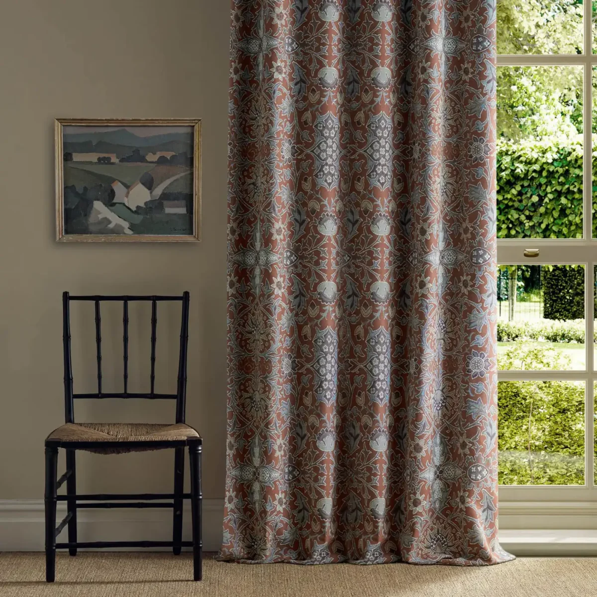Wilton Weave Fabric - Russet by red botanical curtain with cushion and sofa