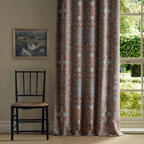 Wilton Weave Fabric - Russet by red botanical curtain with cushion and sofa